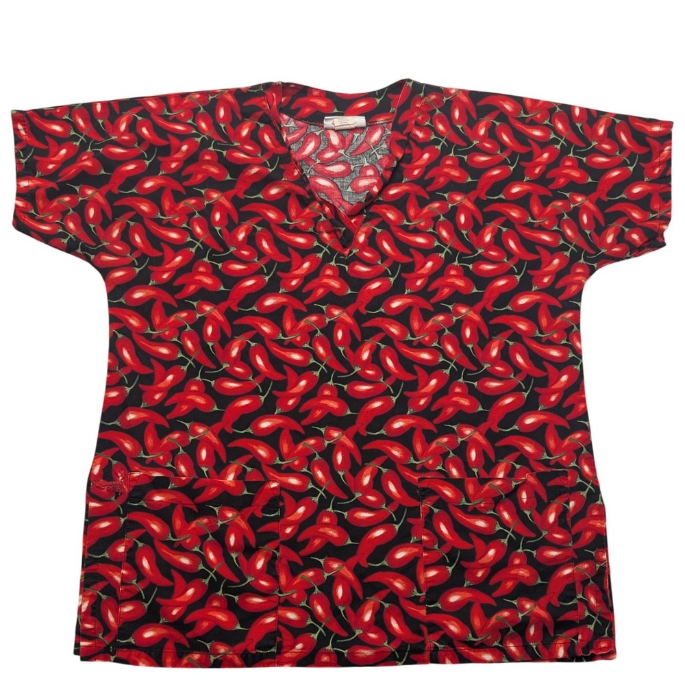 Y2K Mad About Scrubs Chili Pepper Scrub Top Unisex Large Red Black V-Neck Cotton